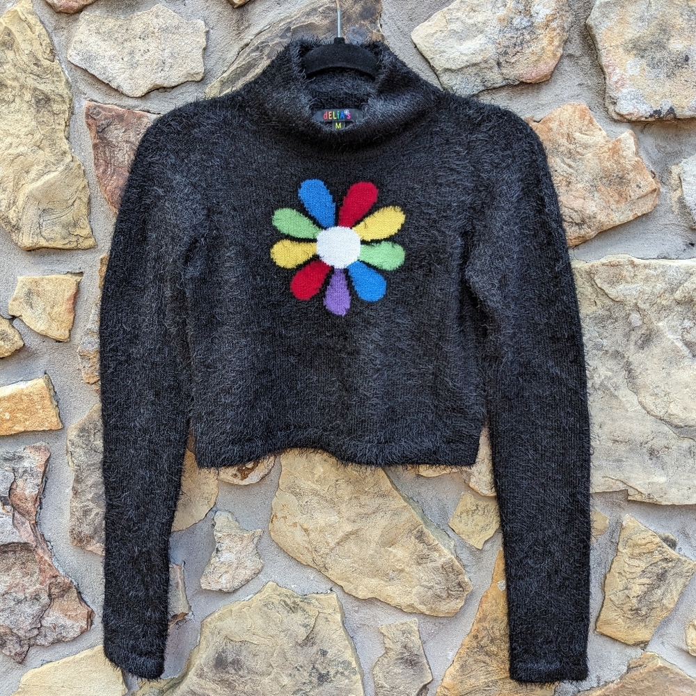 Delia's Cropped Fuzzy Rainbow Daisy Sweater Sz M